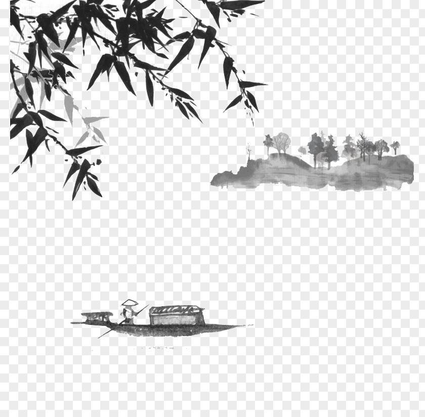 Mountain Ink On Boating Lake Japanese Art Wash Painting PNG