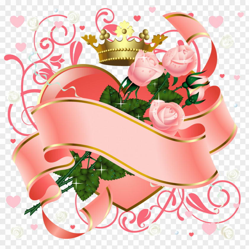 Pink Rose And Crown Heart Vector Love Flower Valentines Day Wallpaper PNG