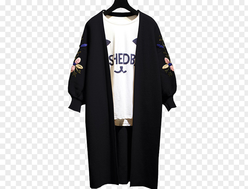 Women's Black Embroidery Coat Robe Sleeve Windbreaker PNG