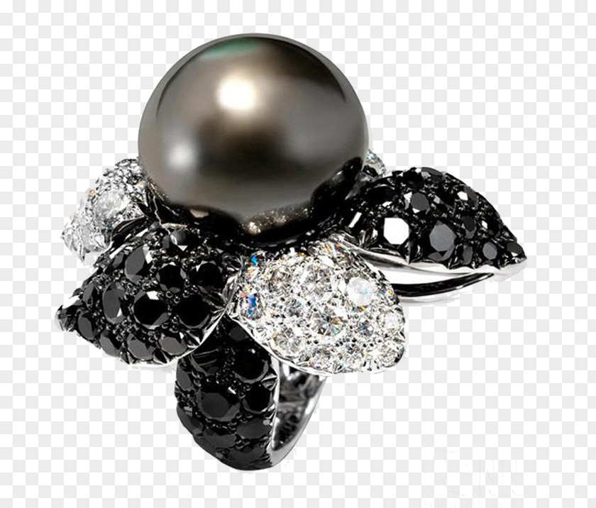 Black Diamond Inlaid Pearl Flower Ring In Kind Promotion Earring De Grisogono Jewellery PNG