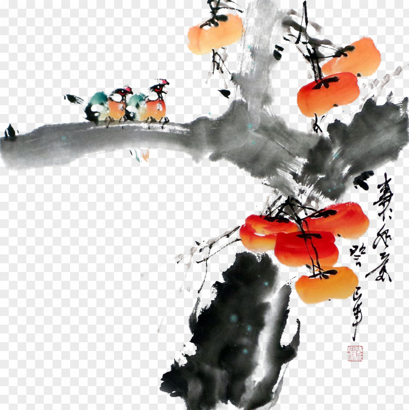 Ink Persimmon And Birds U6c34u58a8u5199u610f Japanese U5199u610fu753b Wash Painting PNG
