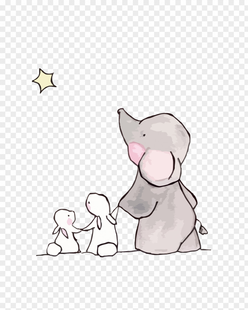 Vector Cute Elephant And Rabbit Drawing Child PNG