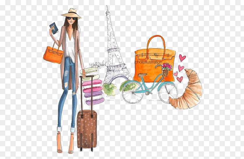 Paris Fashion Week Illustration Illustrator PNG illustration Illustration, Travel girl, woman, bags, and Eiffel Tower clipart PNG