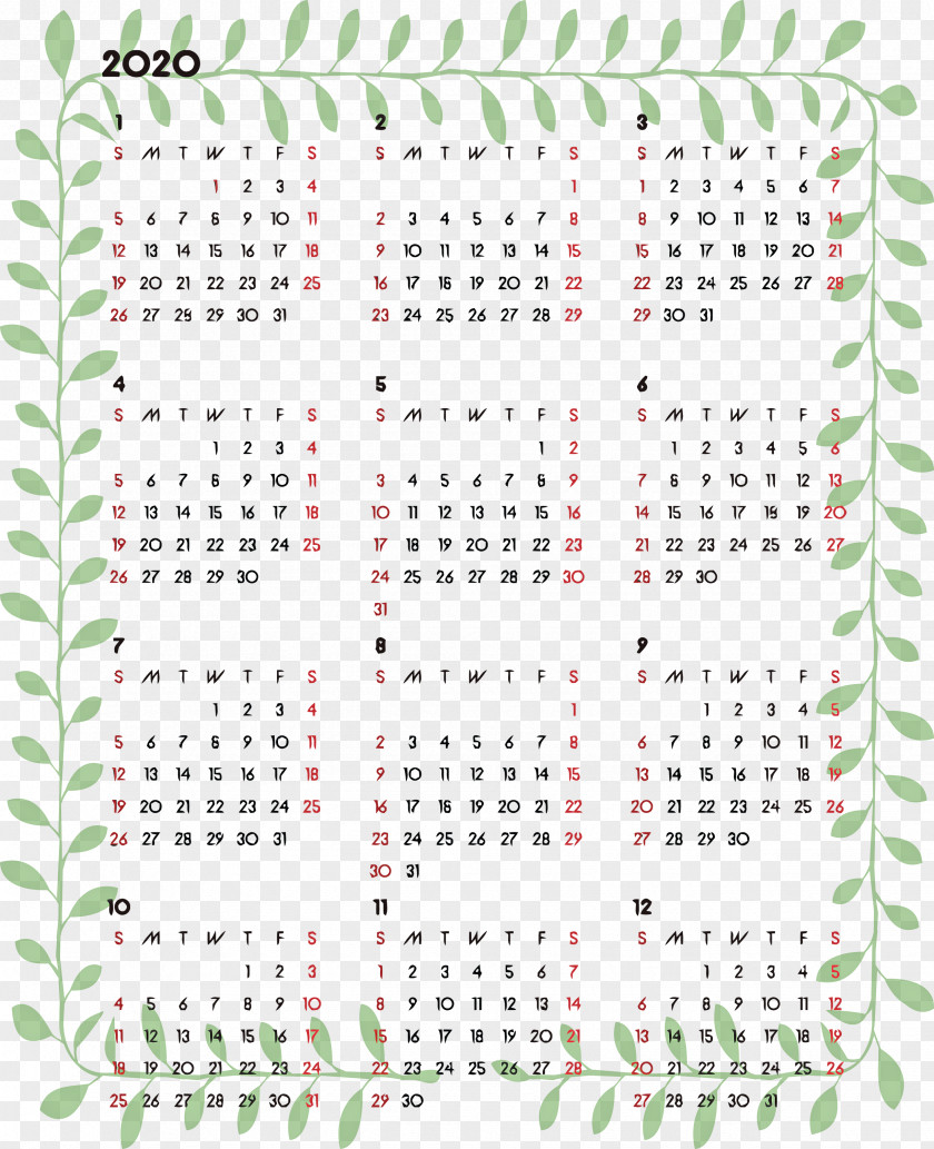 2020 Printable Calendar PNG