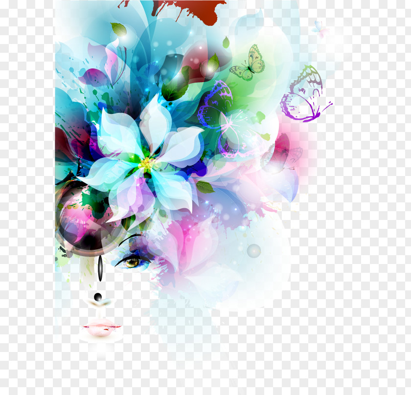 Blue Woman Fashion Flower Illustration PNG