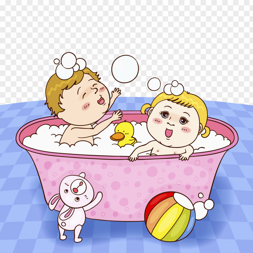 2 Children In A Bathtub Bathing Drawing Illustration PNG