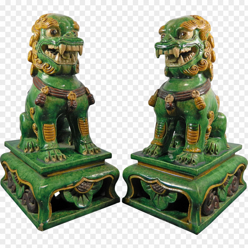 Antique Chinese Guardian Lions Statue Ceramics Terracotta PNG
