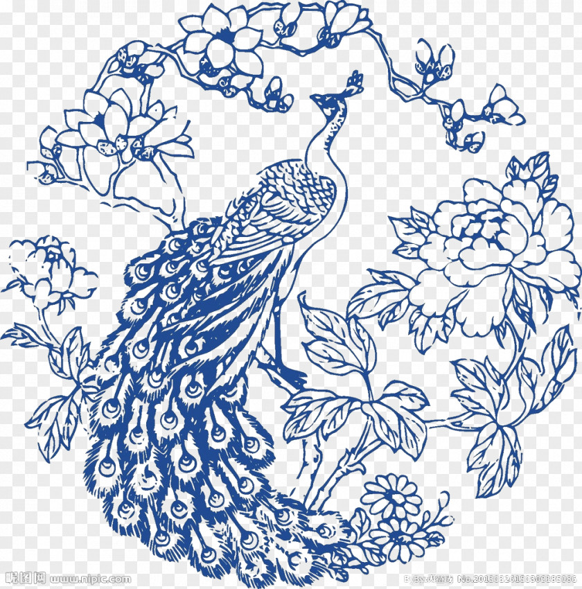 Peacock Pattern Blue And White Pottery CorelDRAW PNG