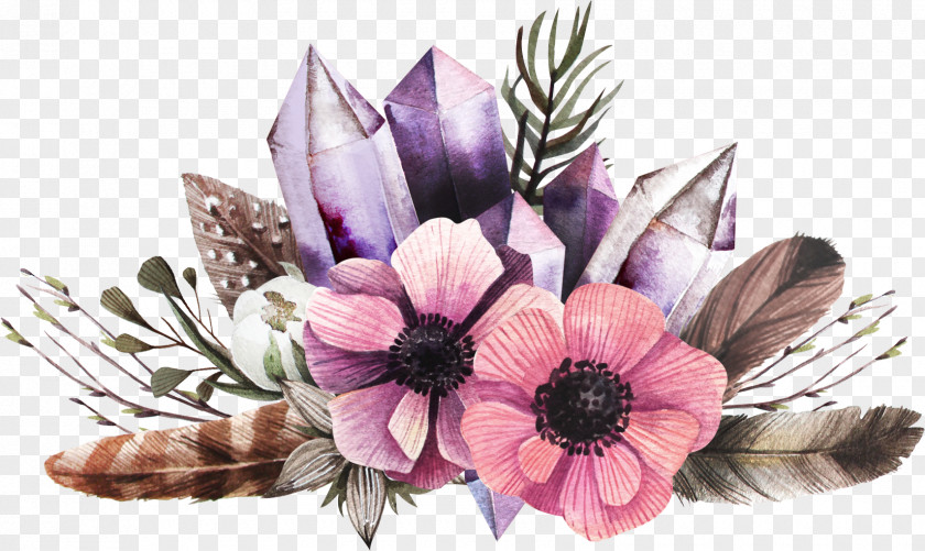 Feathers And Flowers Watercolor Painting Floral Design Illustration PNG