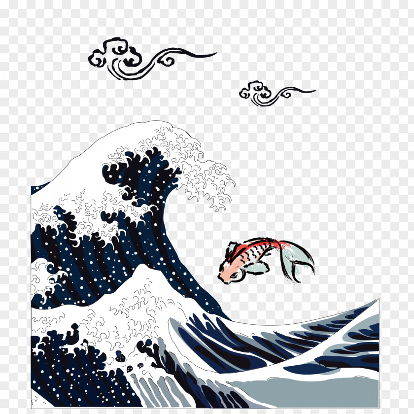 The Classic Ukiyoe Koi Background Great Wave Off Kanagawa Japan Ukiyo-e Printmaking Poster PNG