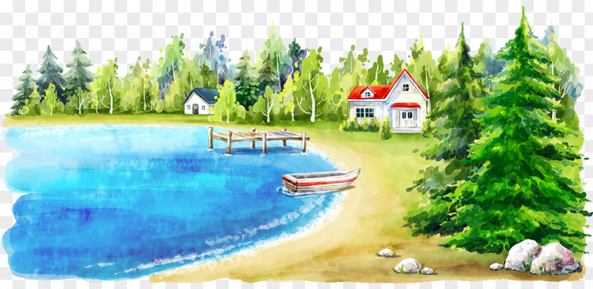 Hand-painted Beach Scenery Watercolor Painting Fukei Illustration PNG
