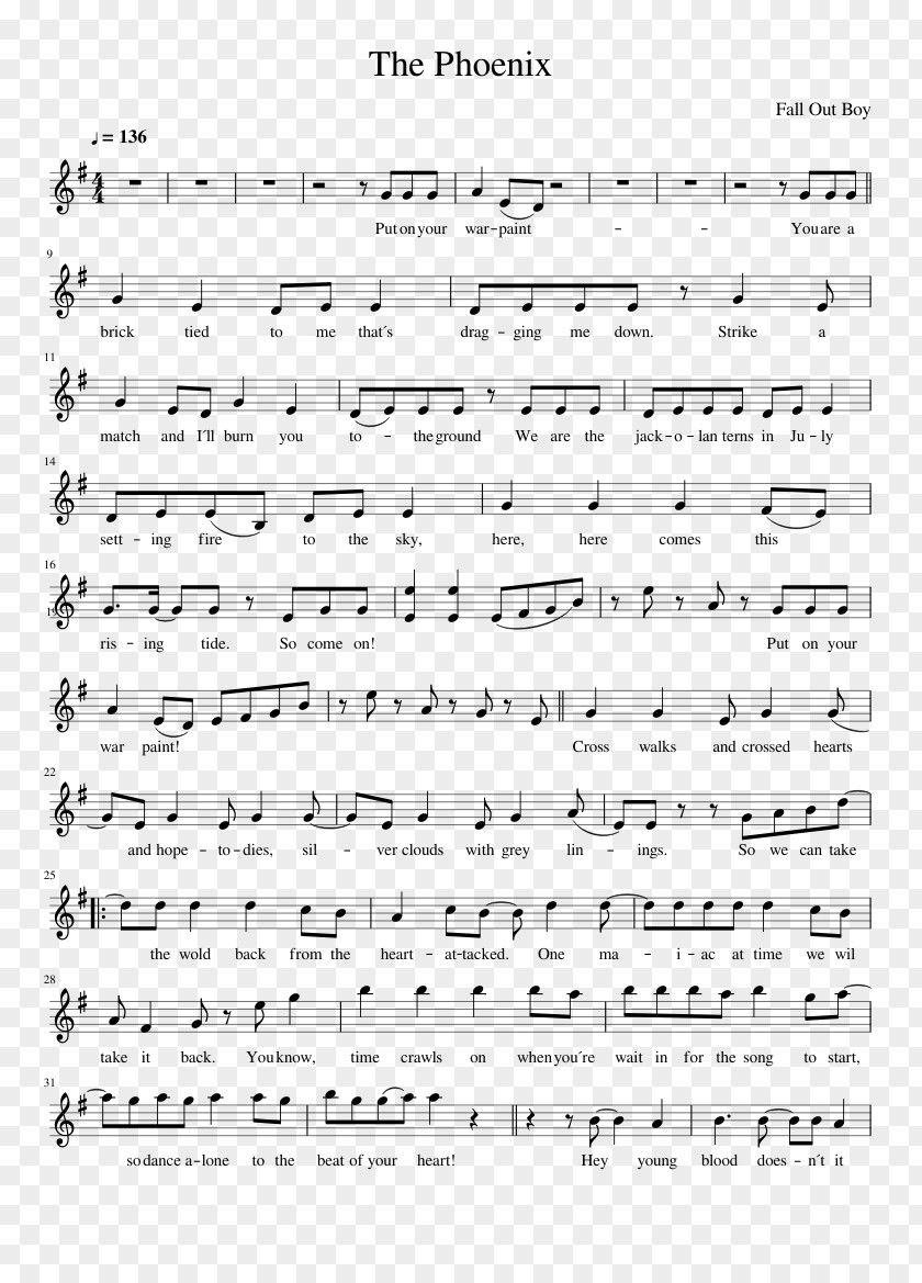 Sheet Music Fall Out Boy Violin The Phoenix Live In PNG in Phoenix, sheet music clipart PNG