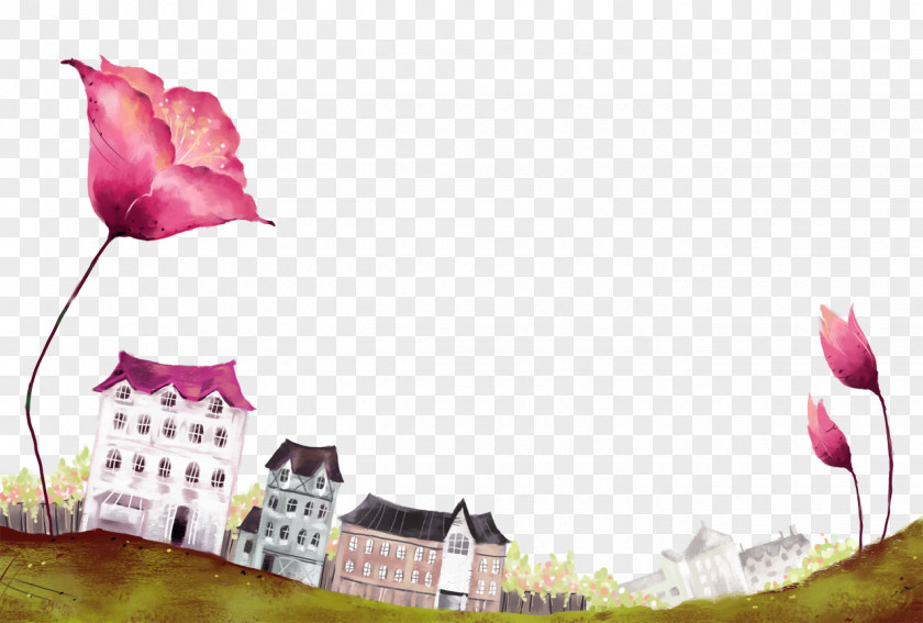 Flowers And Houses Watercolor Painting Comics Cartoon Fukei Poster PNG