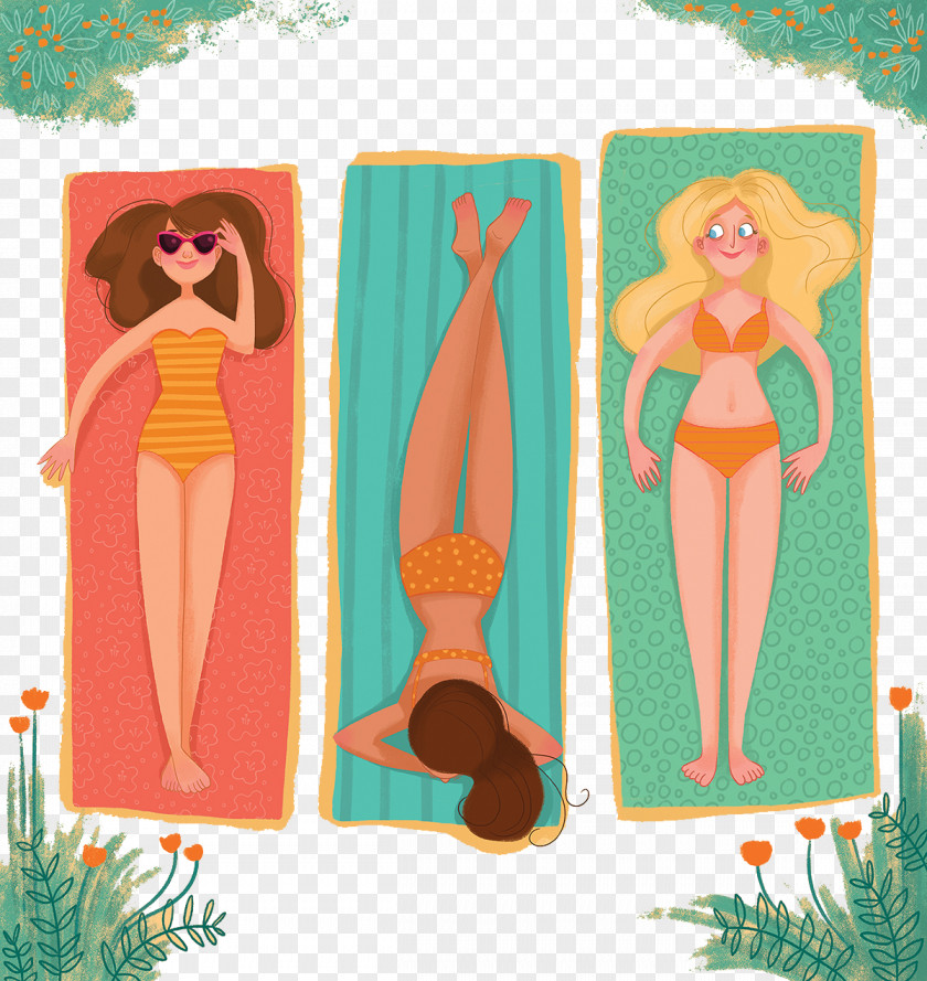 Sun Three Beautiful Women Sunbathing Download Auringonotto Illustration PNG