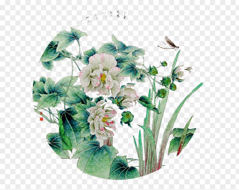 Hand Painted Wood Hibiscus Picture Mutabilis Bird-and-flower Painting Umbrella PNG