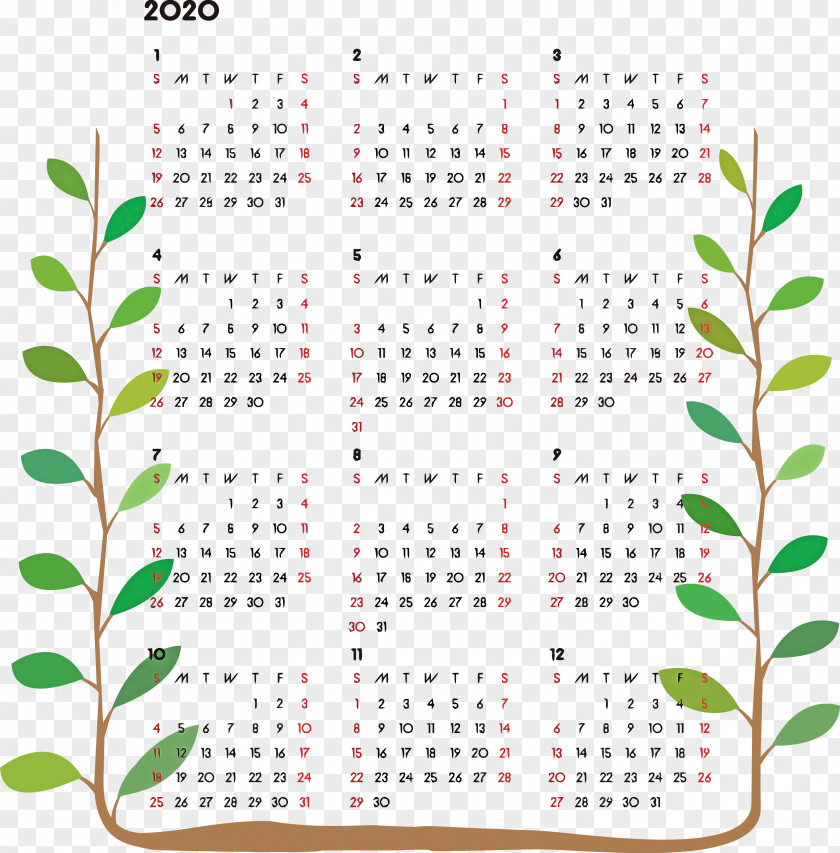 2020 Printable Calendar PNG