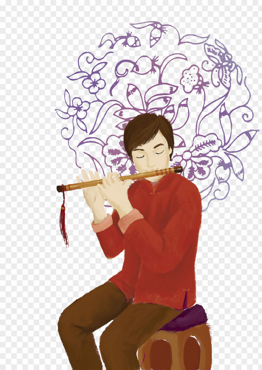 Chinese Watercolor Illustration, Young People Playing The Flute Musical Instrument Illustration PNG