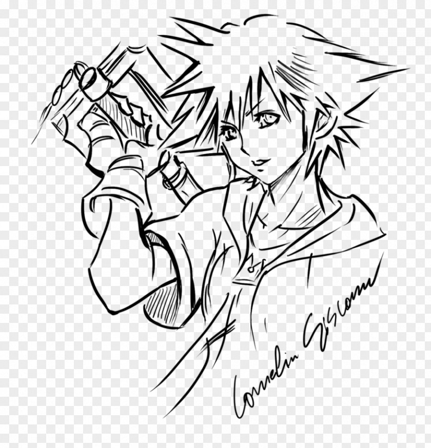 Kingdom Hearts Line Art Drawing Sora Sketch PNG