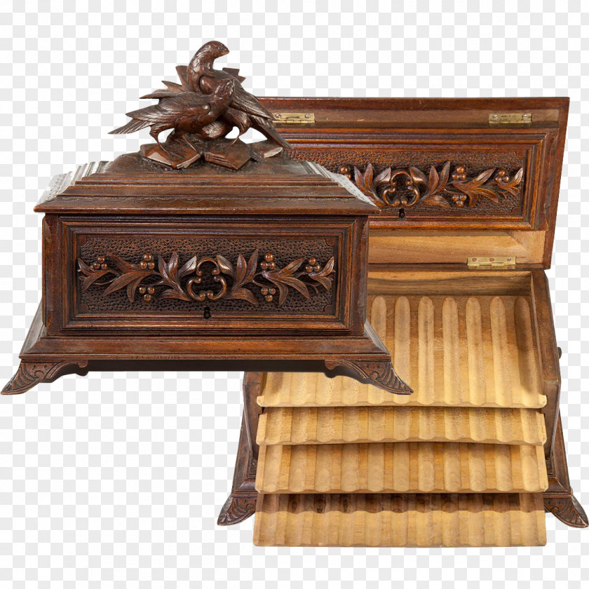 Wood Caving Antique Cigar Box Humidor PNG