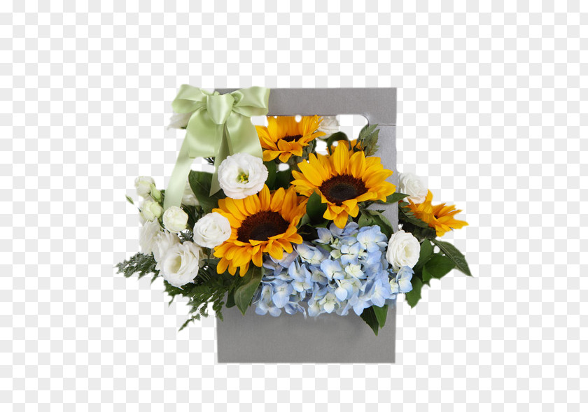 Sunflower Blue Hydrangea White Bellflower Gift Flower Bouquet Common Beach Rose PNG