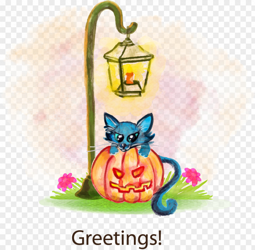 Vector Illustration Watercolor Cat And Pumpkin Drawing PNG