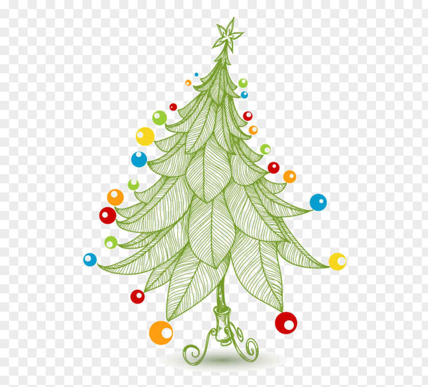 Cartoon Christmas Tree Decoration Painted Leaves New Year Card PNG