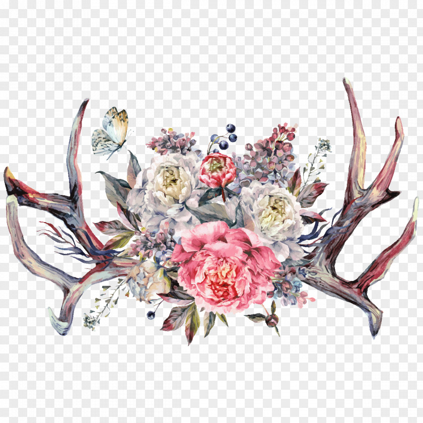 Peony Floral Design Antler Watercolor Painting Drawing PNG