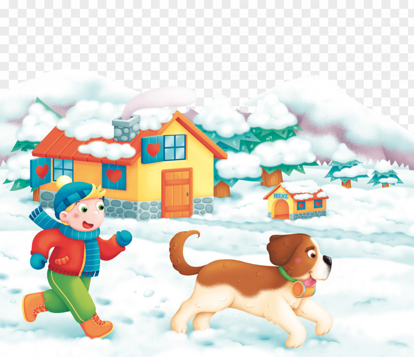 Children And Dogs Running Snow Puppy Dog Illustration PNG