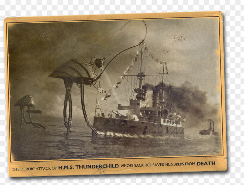 Vintage Postcard Jeff Wayne's Musical Version Of The War Worlds HMS Thunder Child Fighting Machine Martian PNG