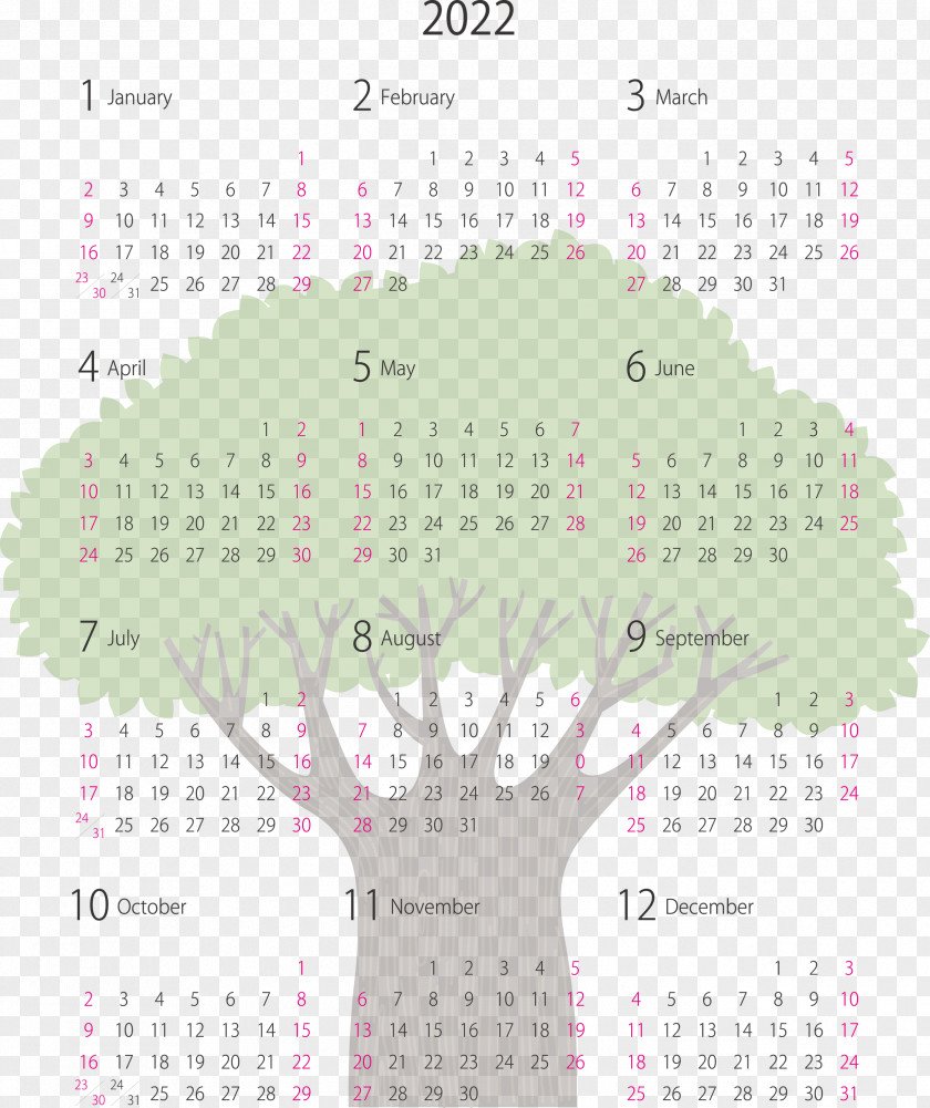 2022 Yearly Calendar Printable PNG