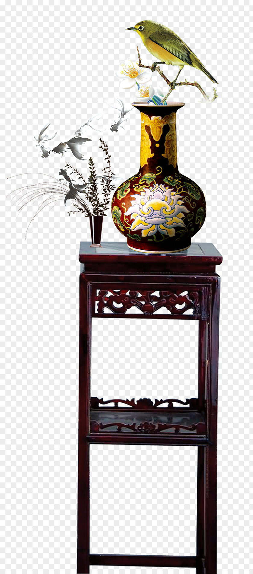Chinese Style Wooden Vase On The Table Blue And White Pottery Icon PNG