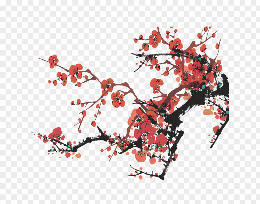 Beautiful Fine Peach Flowers Branch Plum Blossom Chinese Painting Ink Wash PNG