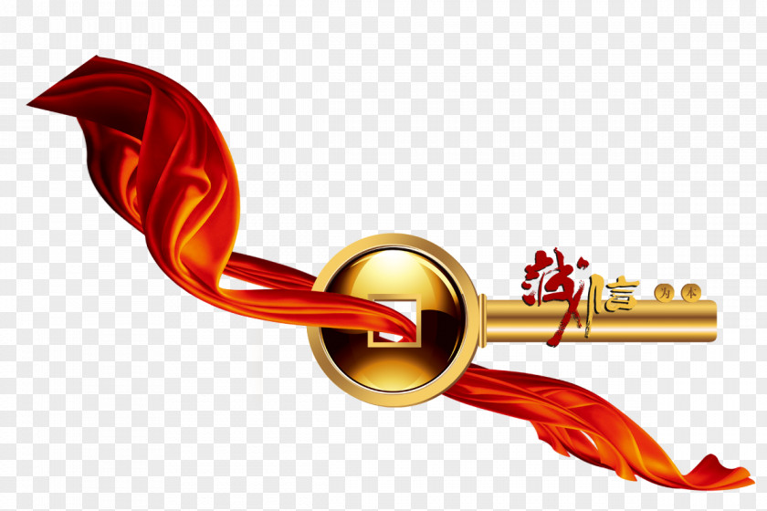 Red Ribbon Through The Golden Key PNG