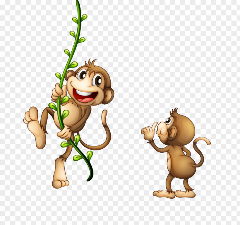 Brown Monkey Holding Green Branches Vine Clip Art PNG