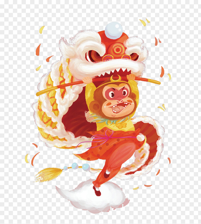 Cartoon Sun Wukong Dance Lion Chinese New Year Greeting Card Monkey PNG