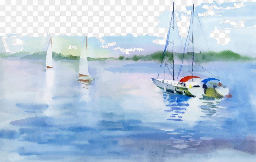 Beautiful Watercolor Landscape Boat Lake Painting Illustration PNG