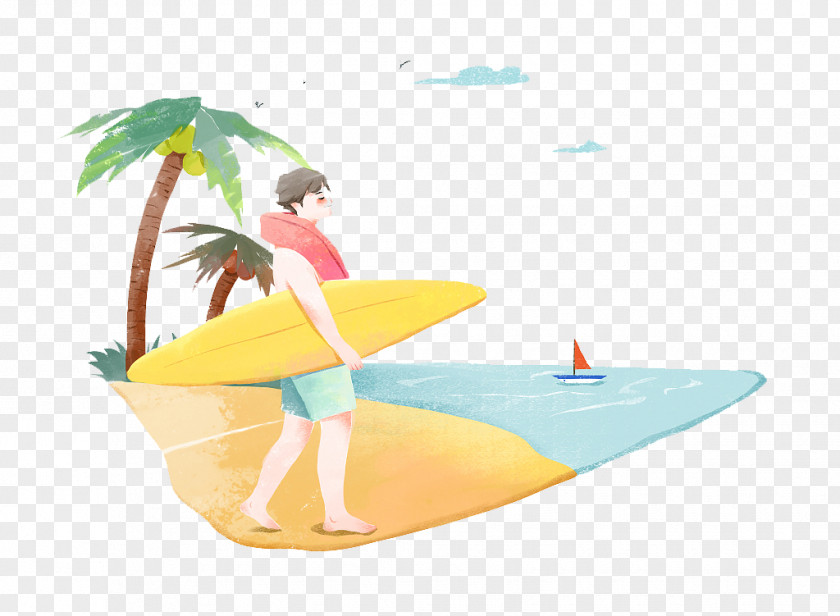 Illustration Seaside Surfing Relaxing Watercolor Painting PNG