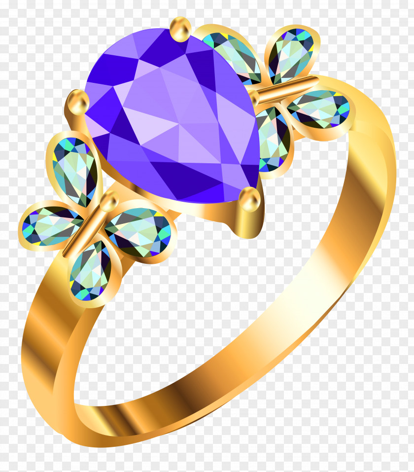 Gold Ring With Blue AndPurple Diamonds Clipart Earring Jewellery Clip Art PNG