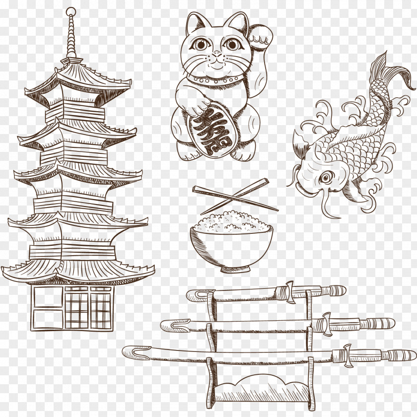Vector Hand-drawn Elements Of Japanese Culture Japan Temple Drawing PNG