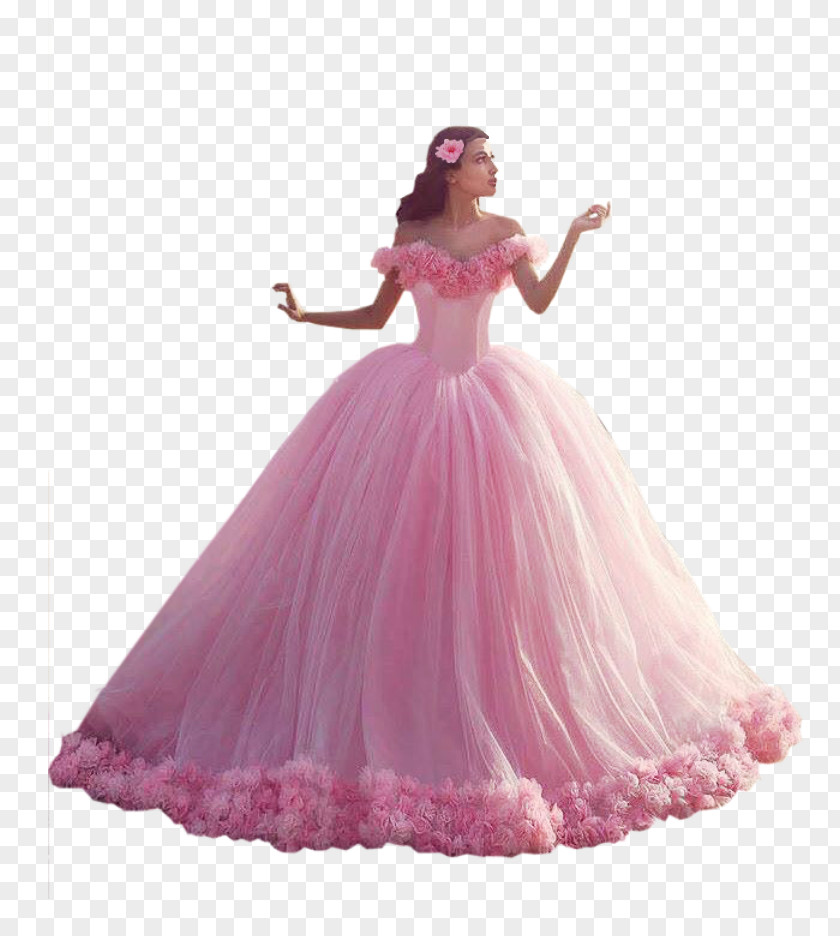 Pink Camellia Wedding Dress Ball Gown Train Bride PNG