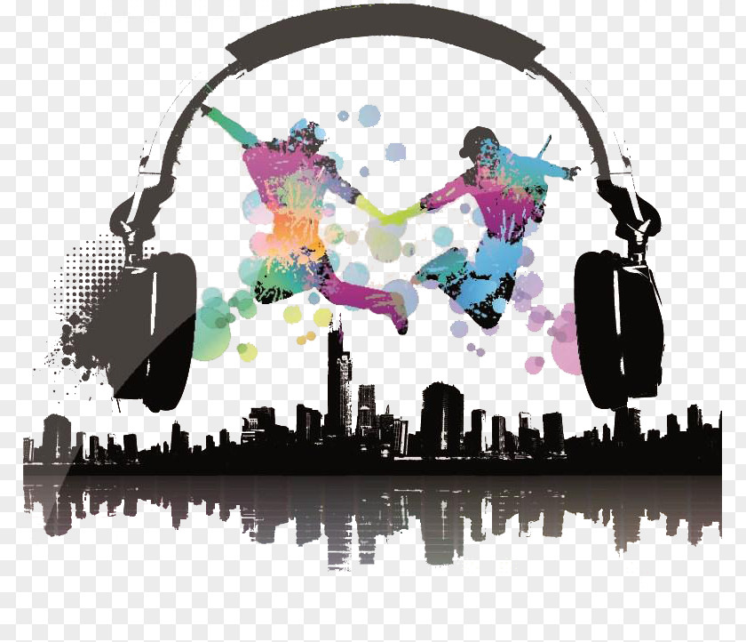 Party Music Nightclub Poster PNG Poster, music, of headphones and high-rise buildings clipart PNG