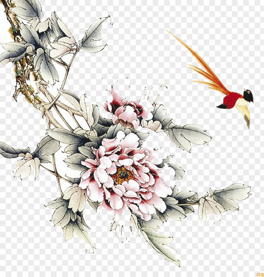 Peony Ink Wash Painting Gongbi Bird-and-flower PNG
