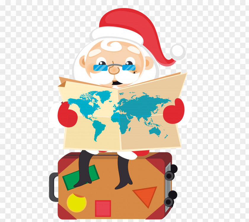 Cartoon Santa Claus Look At The Map Rudolph Christmas PNG