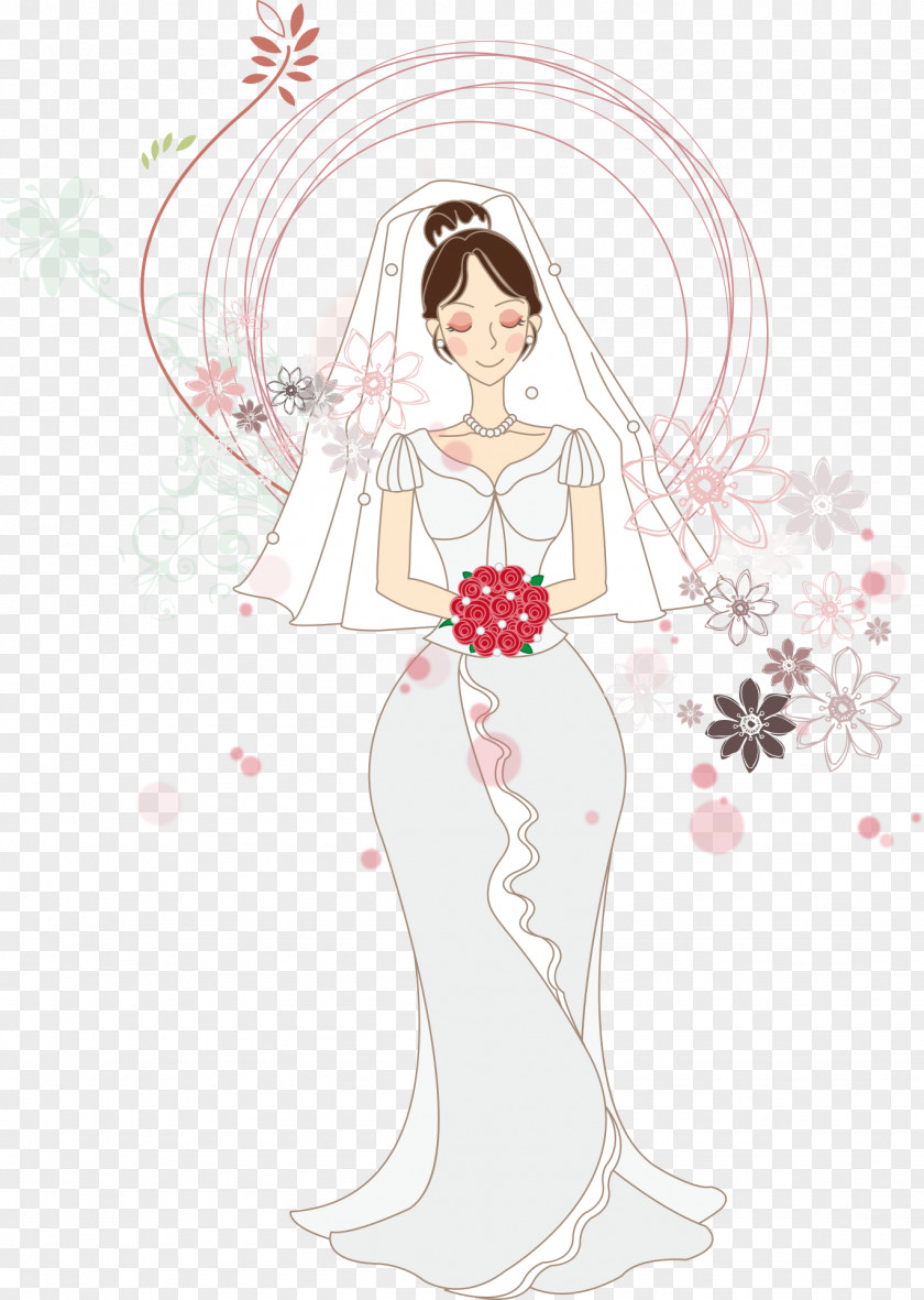 Bride Holding A Bouquet Flower Drawing Illustration PNG