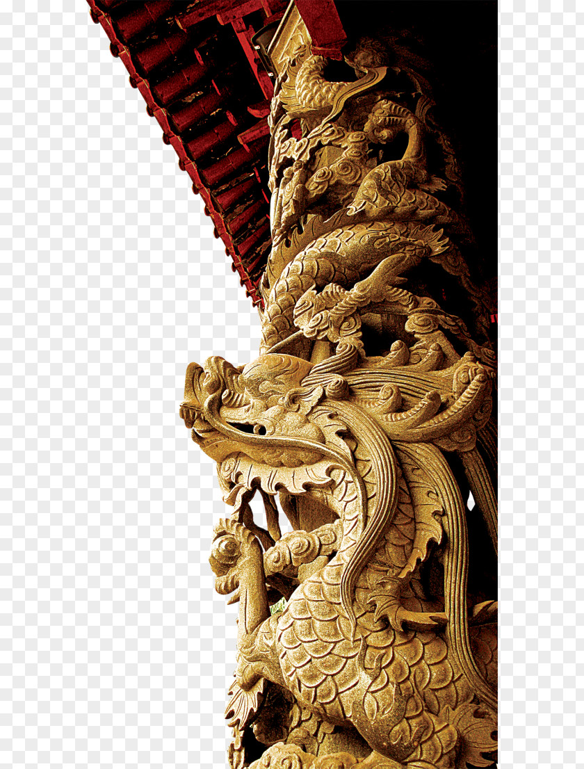 Chinese Traditional Building Stone Pillar Carved Dragon Pattern Column 3D Computer Graphics Icon PNG
