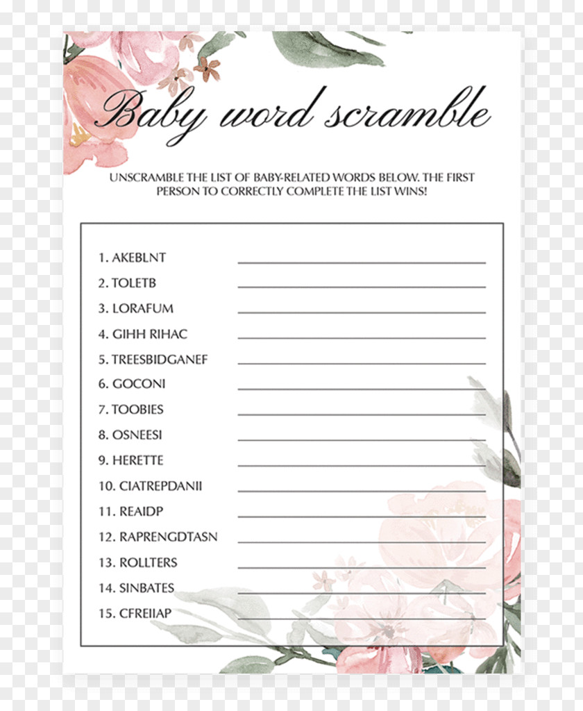 Baby Word Paper Game Shower Mother Infant PNG
