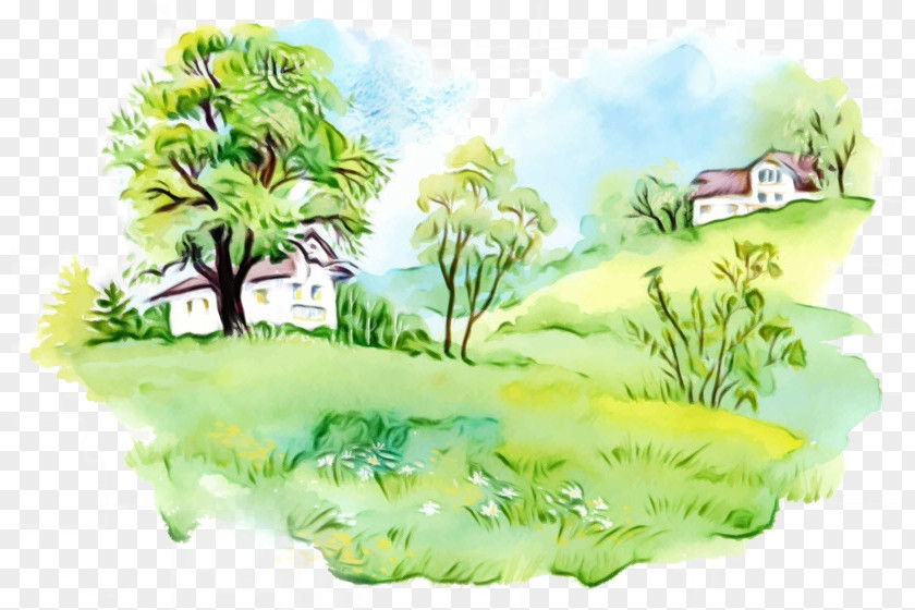 Drawing Landscape Green Grass Background PNG