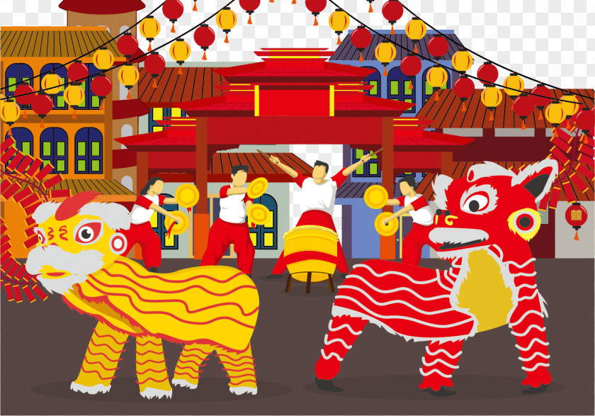 Vector Cartoon Lion Dance Drums Festival Lunar New Year PNG