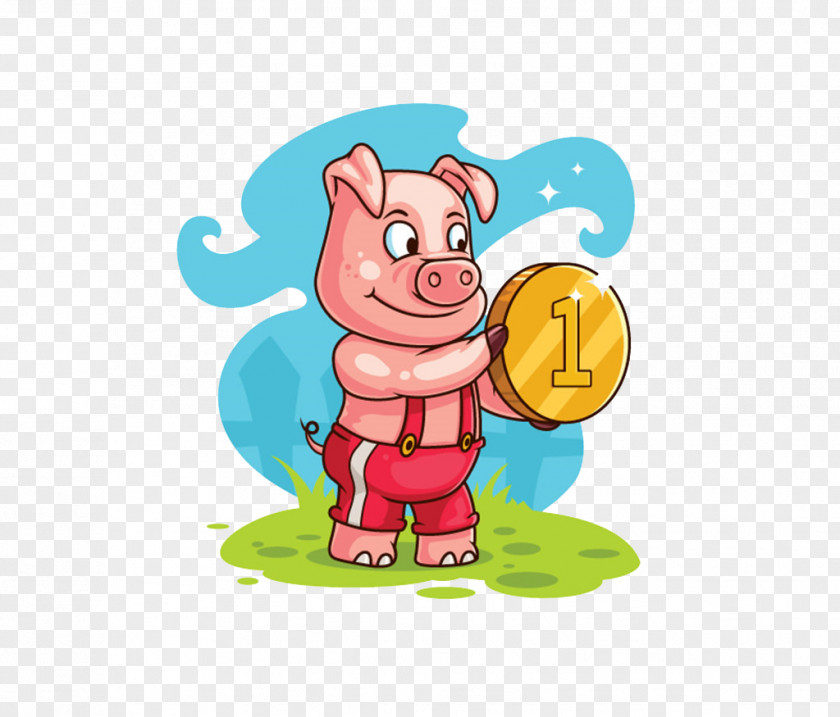 Holding A Gold Coin Pink Cartoon Piggy Porky Pig Domestic Illustration PNG