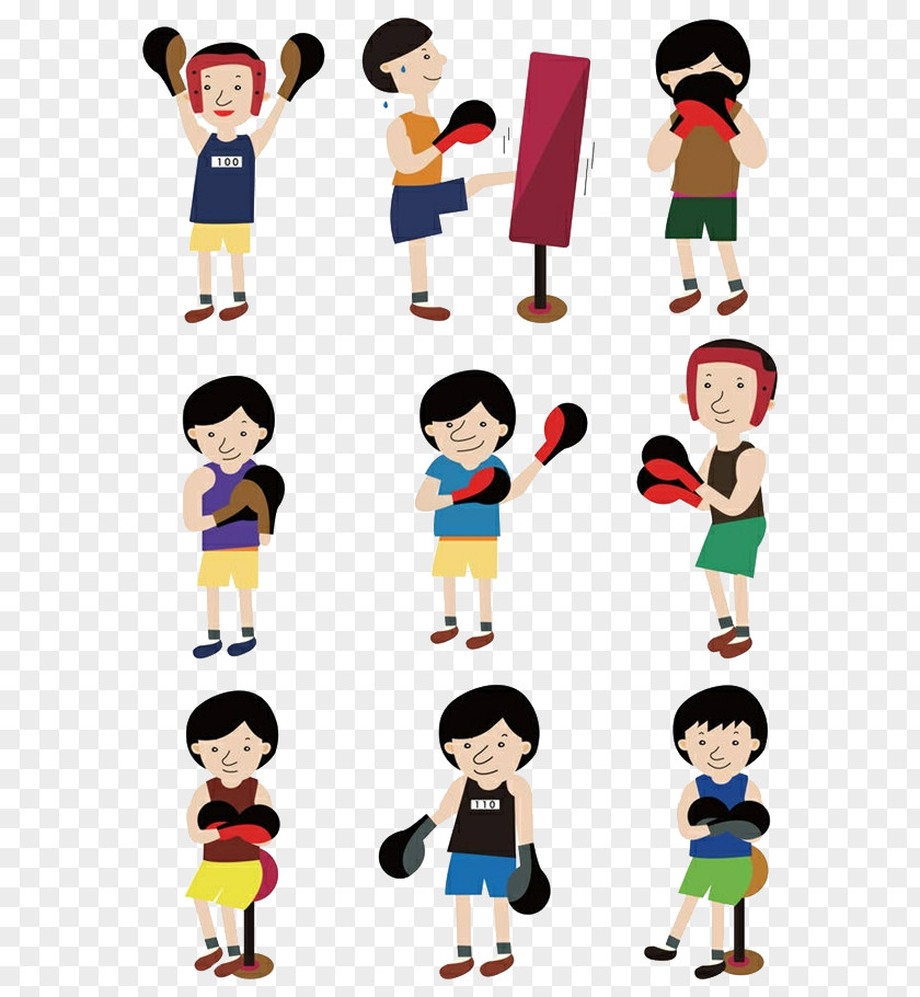 Cartoon Fitness Men And Women Photography Boxing Illustration PNG
